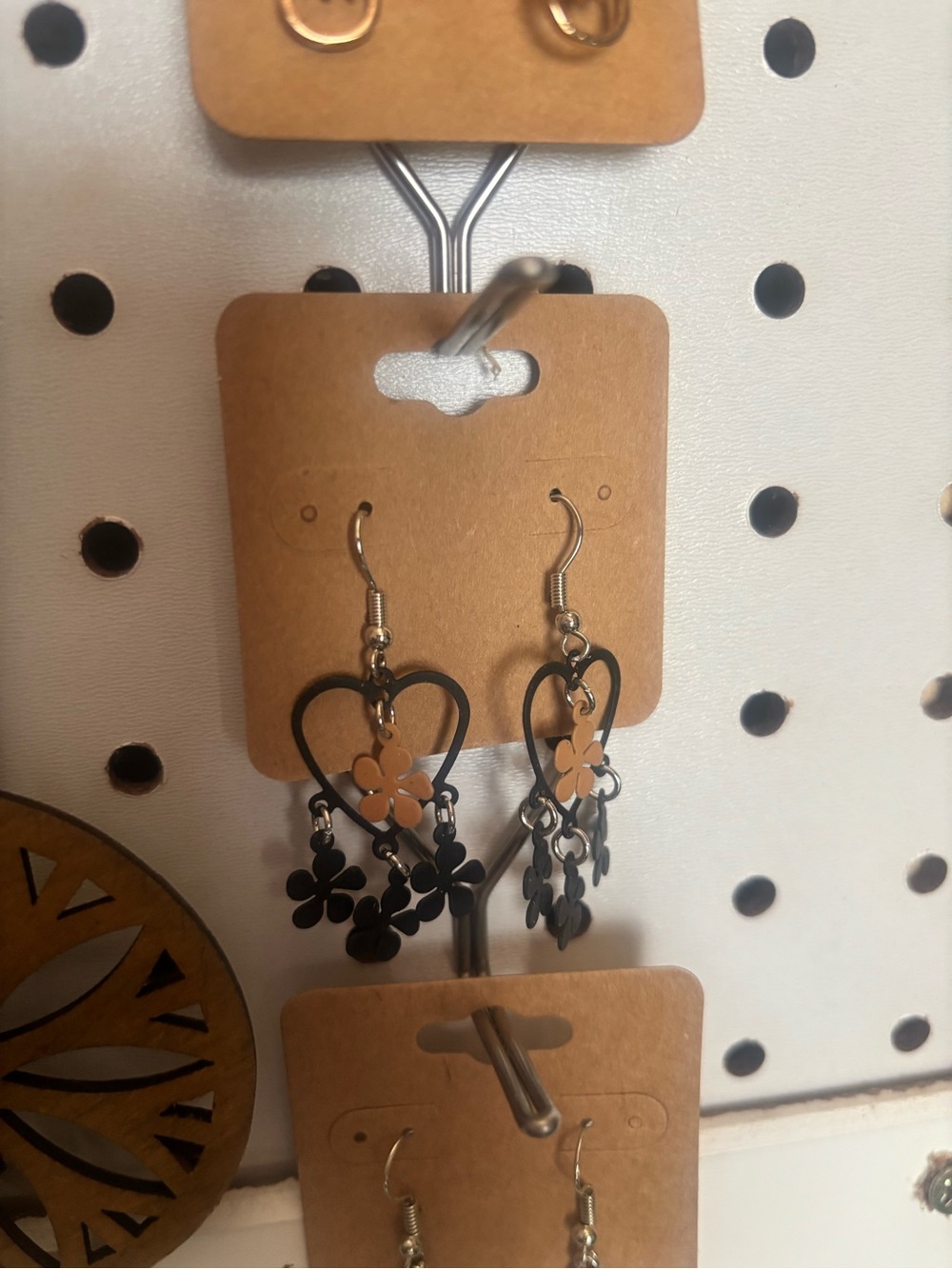 Heart Dangle Earrings with Floral Charms - Black and Gold